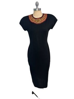 Theomiles Black Dress With Red & Gold Beaded Embellished Collar Medium